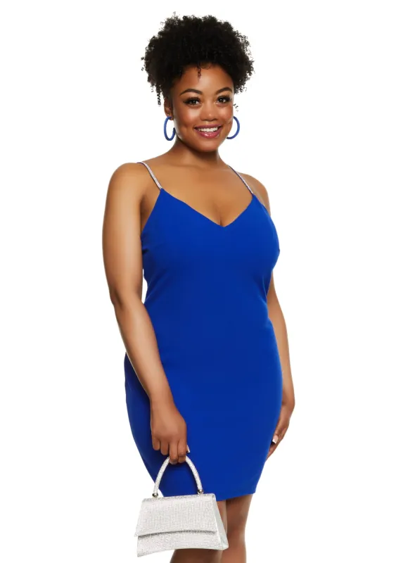 Plus Size Iris Rhinestone Strap V Neck Mini Dress sold by Rainbow