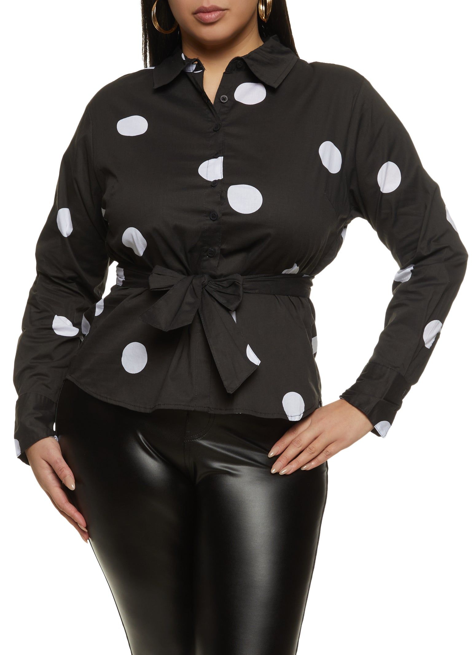 Plus Size Polka Dot Tie Waist Button Front Shirt sold by Rainbow