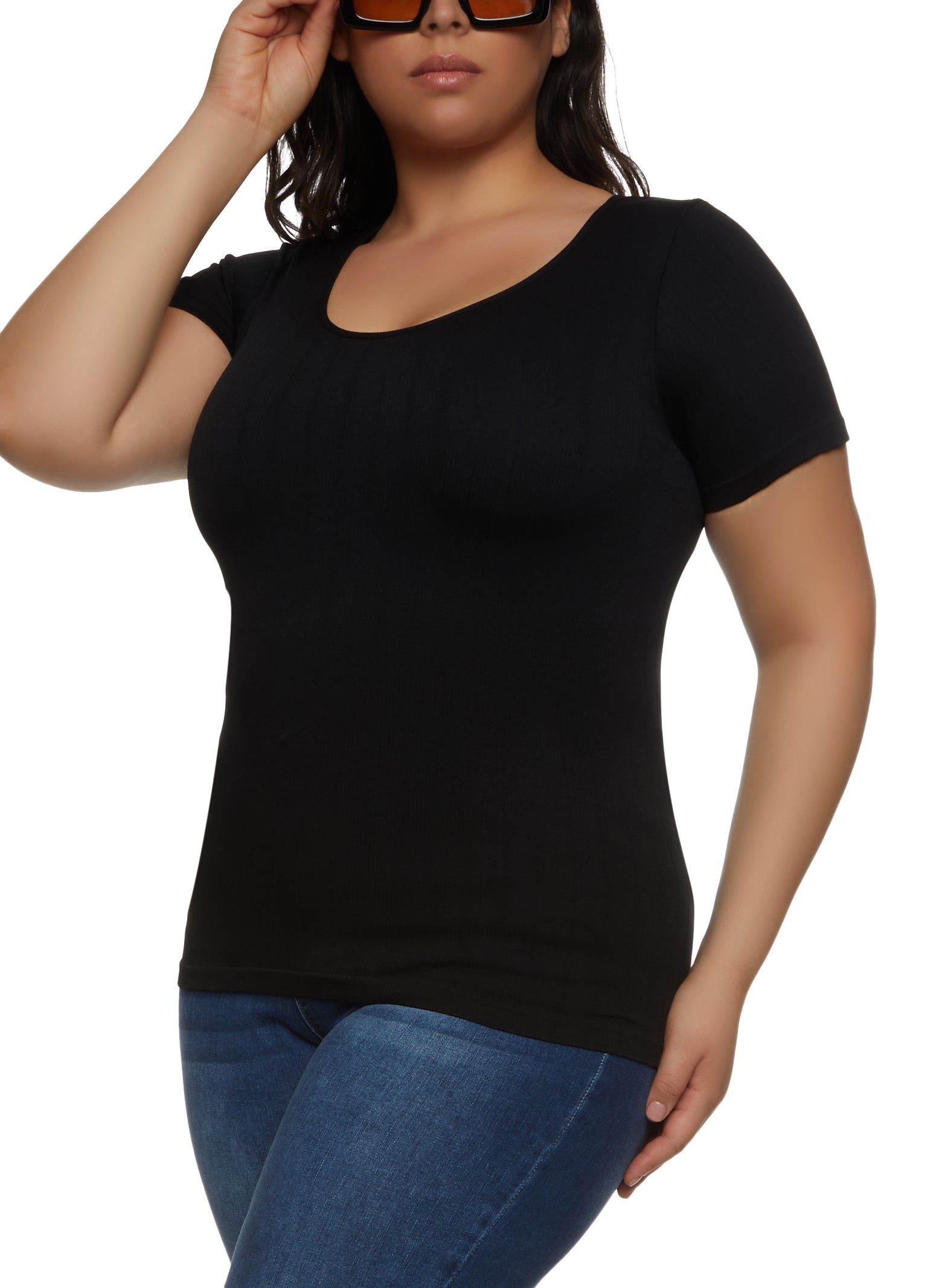 Plus Size Rib Knit Scoop Neck Tee sold by Rainbow