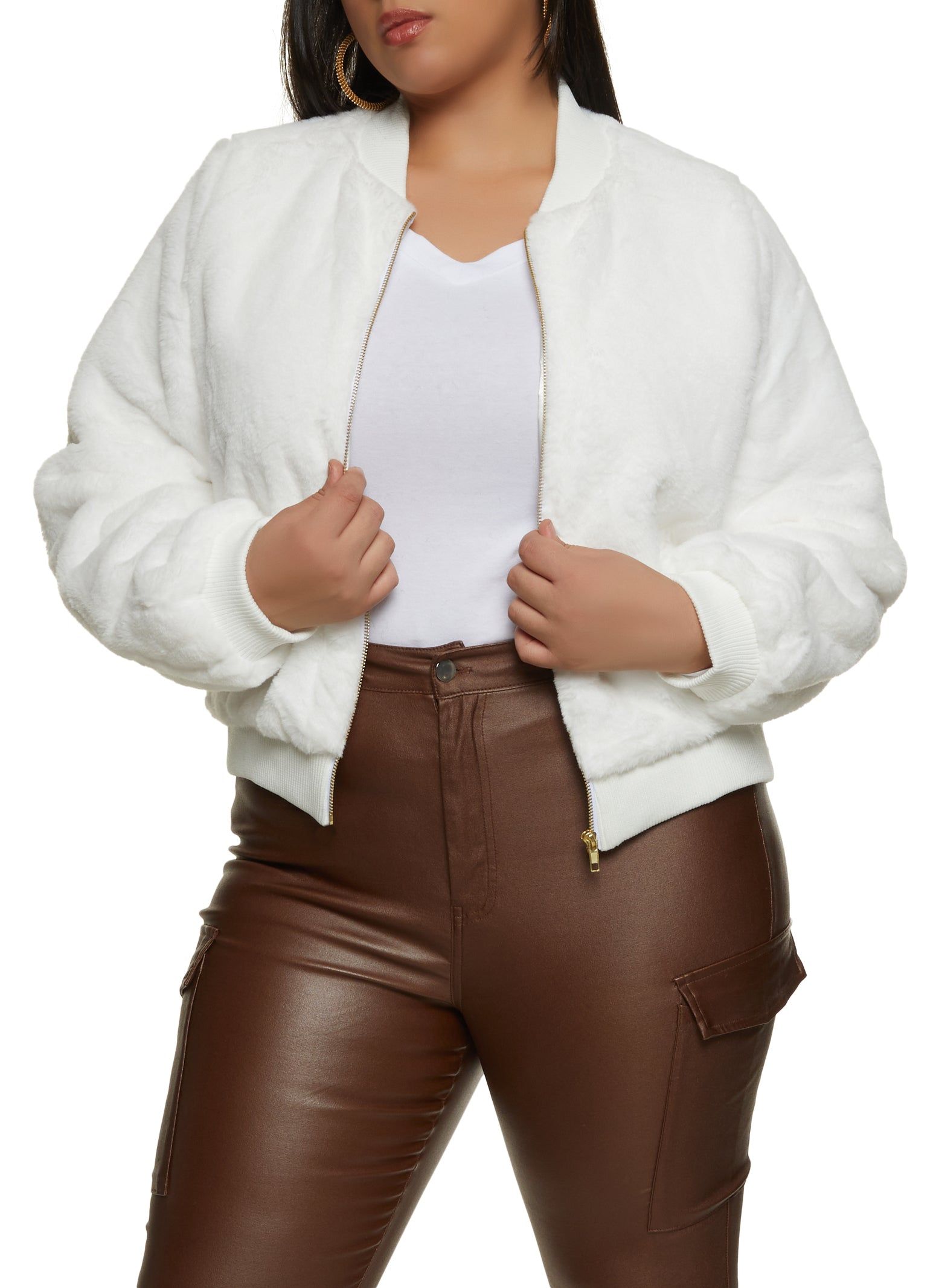 Plus Size Zip Front Faux Fur Bomber Jacket sold by Rainbow