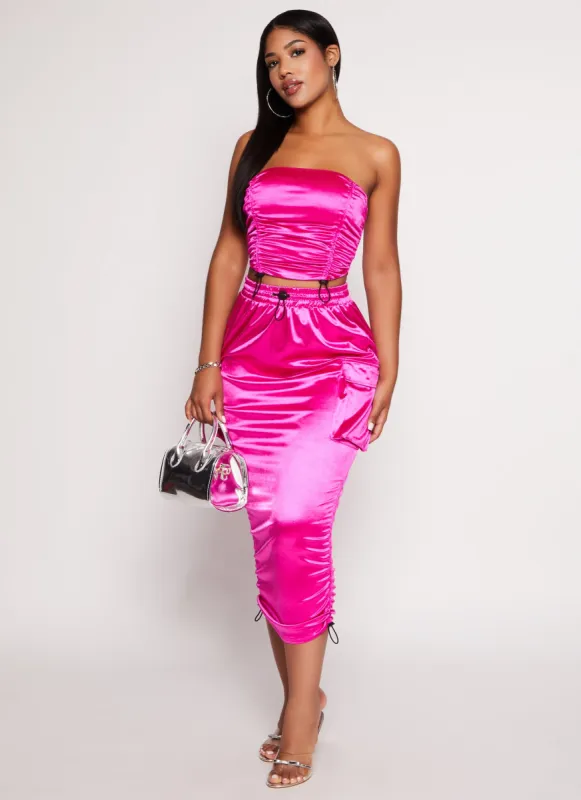 Satin Drawstring Side Cargo Maxi Skirt sold by Rainbow