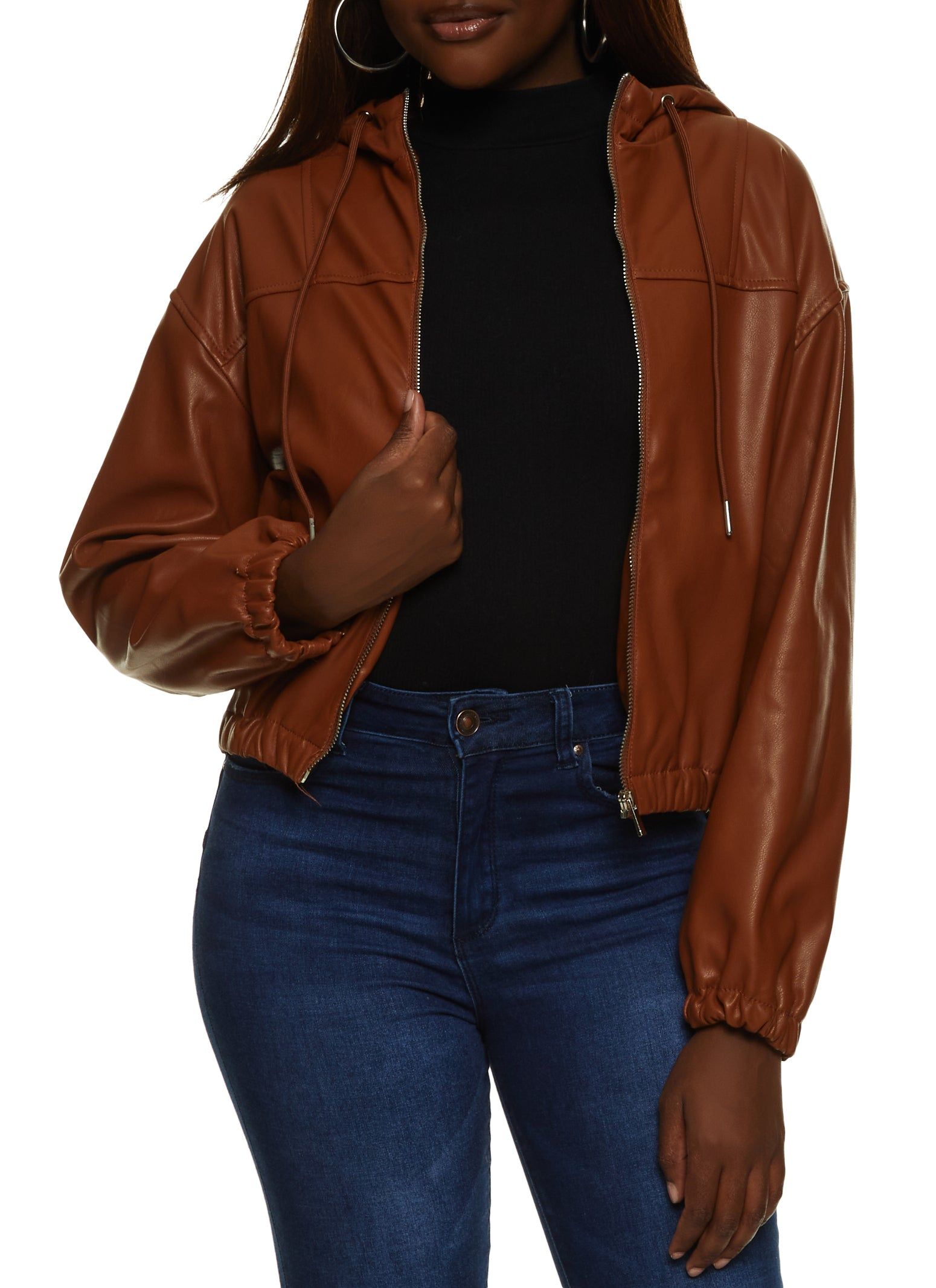 Faux Leather Zip Front Hooded Bomber Jacket sold by Rainbow