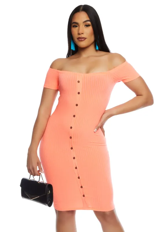 Off the Shoulder Button Detail Bodycon Dress sold by Rainbow