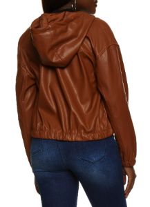 Faux Leather Zip Front Hooded Bomber Jacket sold by Rainbow