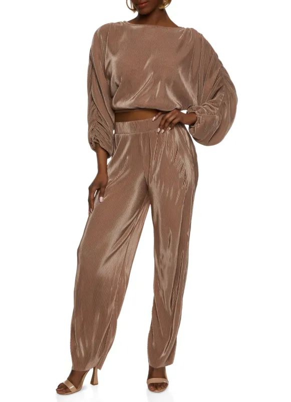 Plisse Ruched Sleeve Blouse and Wide Leg Pants sold by Rainbow