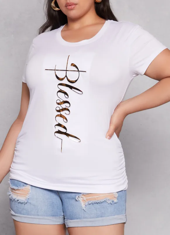 Plus Size 3D Foil Blessed Ruched Graphic Tee sold by Rainbow
