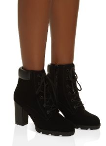 Faux Suede Lace Up Block Heel Booties sold by Rainbow