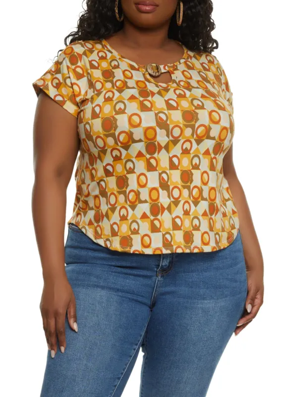 Plus Size Geometric Print Pendant Cut Out Detail Top made by Rainbow