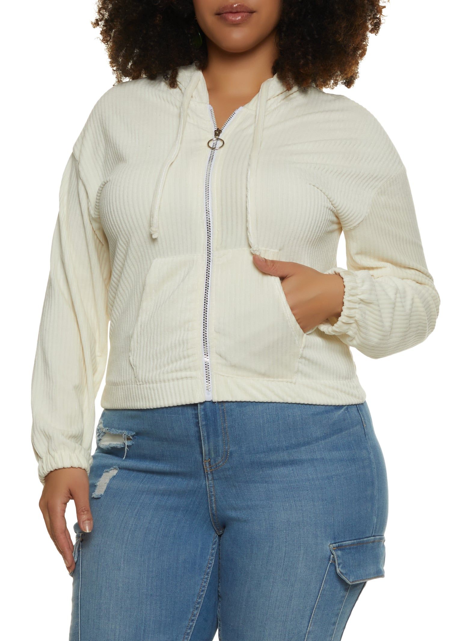 Plus Size Velour Ribbed Zip Front Hoodie sold by Rainbow