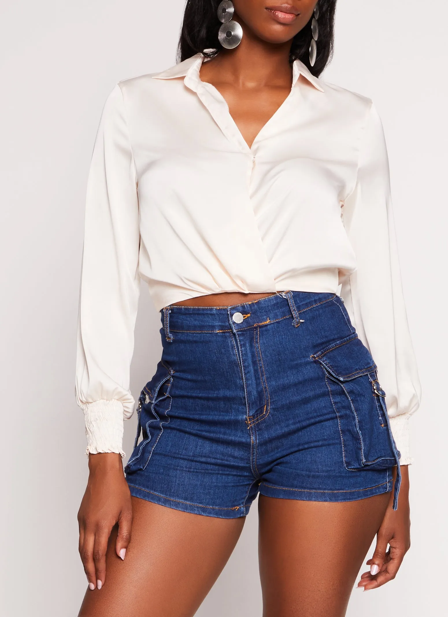 Satin Puff Sleeve Faux Wrap Shirt sold by Rainbow