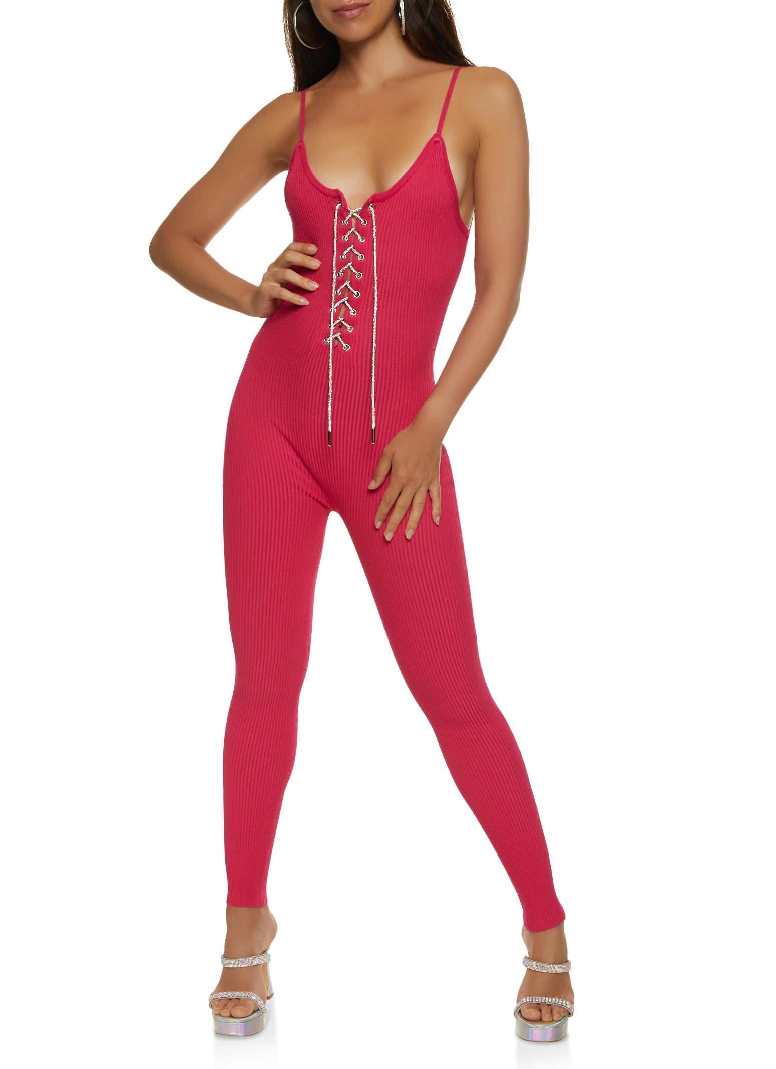 Ribbed Rhinestone Lace Up Jumpsuit sold by Rainbow