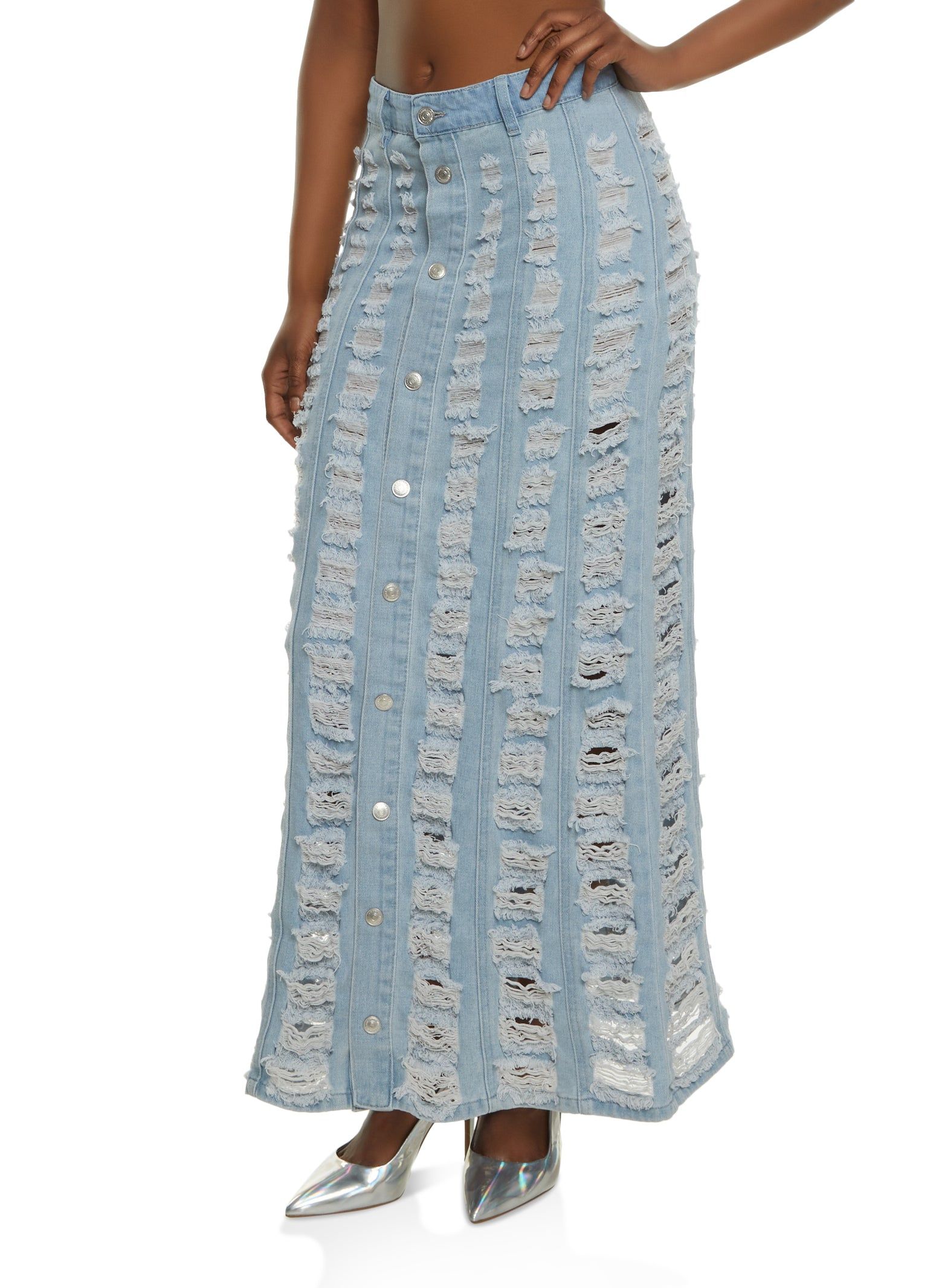 Distressed Denim Maxi Skirt sold by Rainbow