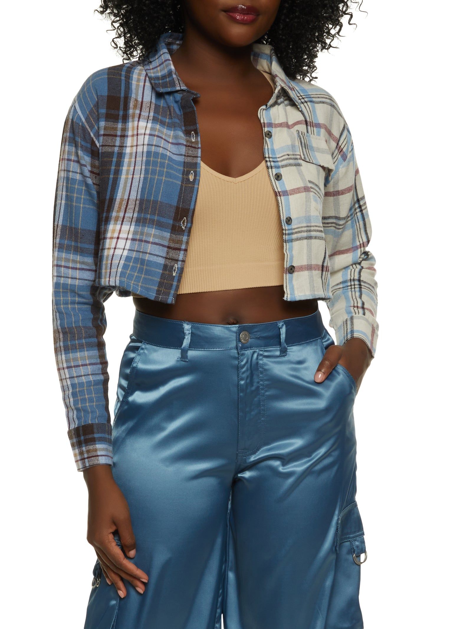 Two Tone Plaid Flannel Cropped Shirt sold by Rainbow