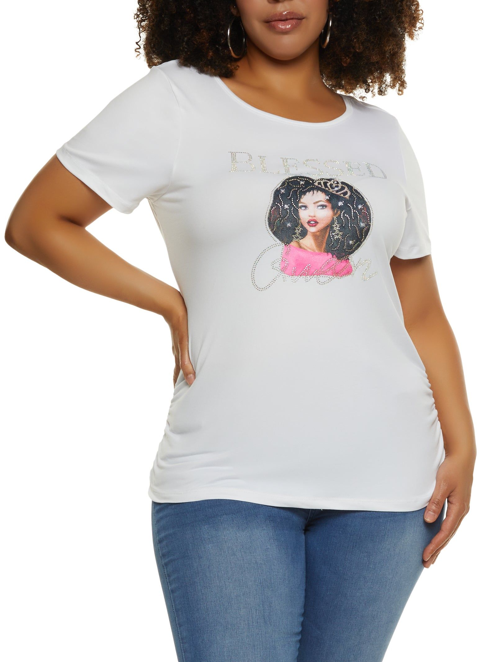 Plus Size Rhinestone Blessed Queen Graphic Tee sold by Rainbow