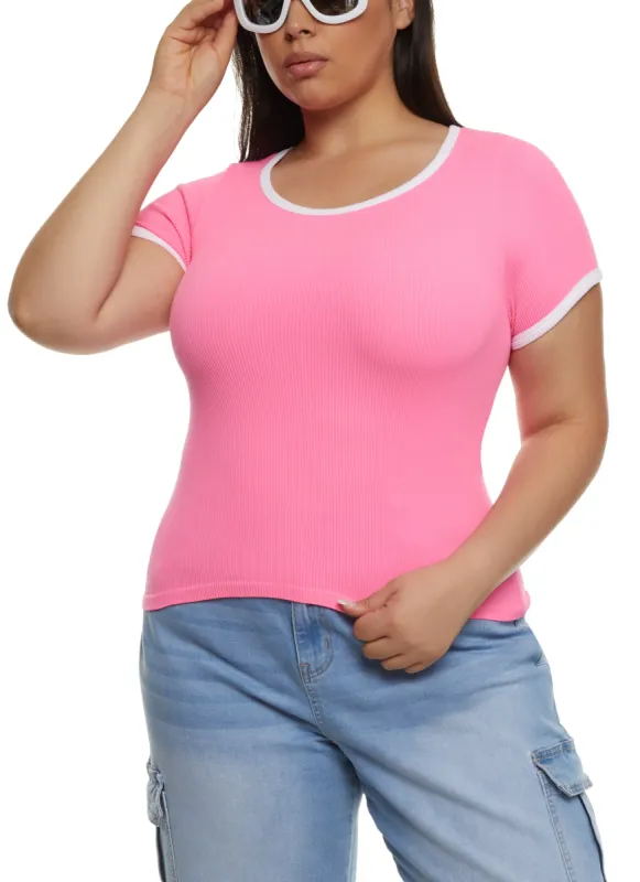 Plus Size Rib Knit Seamless Ringer Tee sold by Rainbow