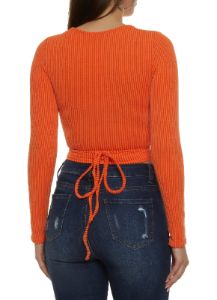 Long Sleeve Ribbed Knit Wrap Crop Top sold by Rainbow