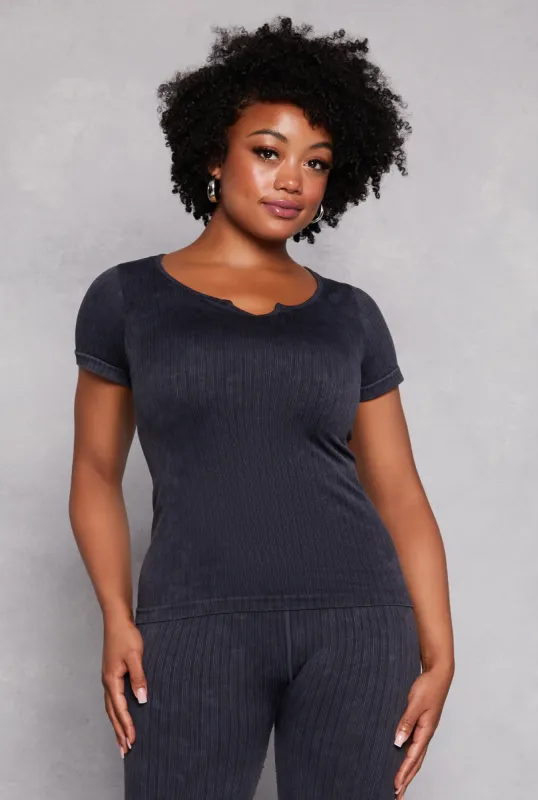 Plus Size Seamless Ribbed Notch Neck Short Sleeve Top sold by Rainbow