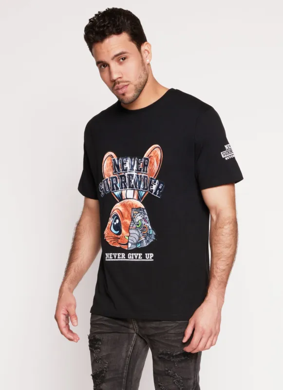 Mens Never Surrender Patch Graphic Tee sold by Rainbow