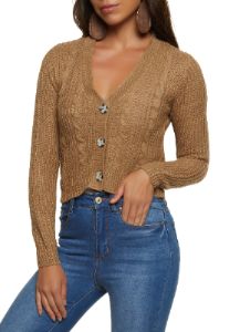 Solid Cable Knit Cropped Cardigan sold by Rainbow