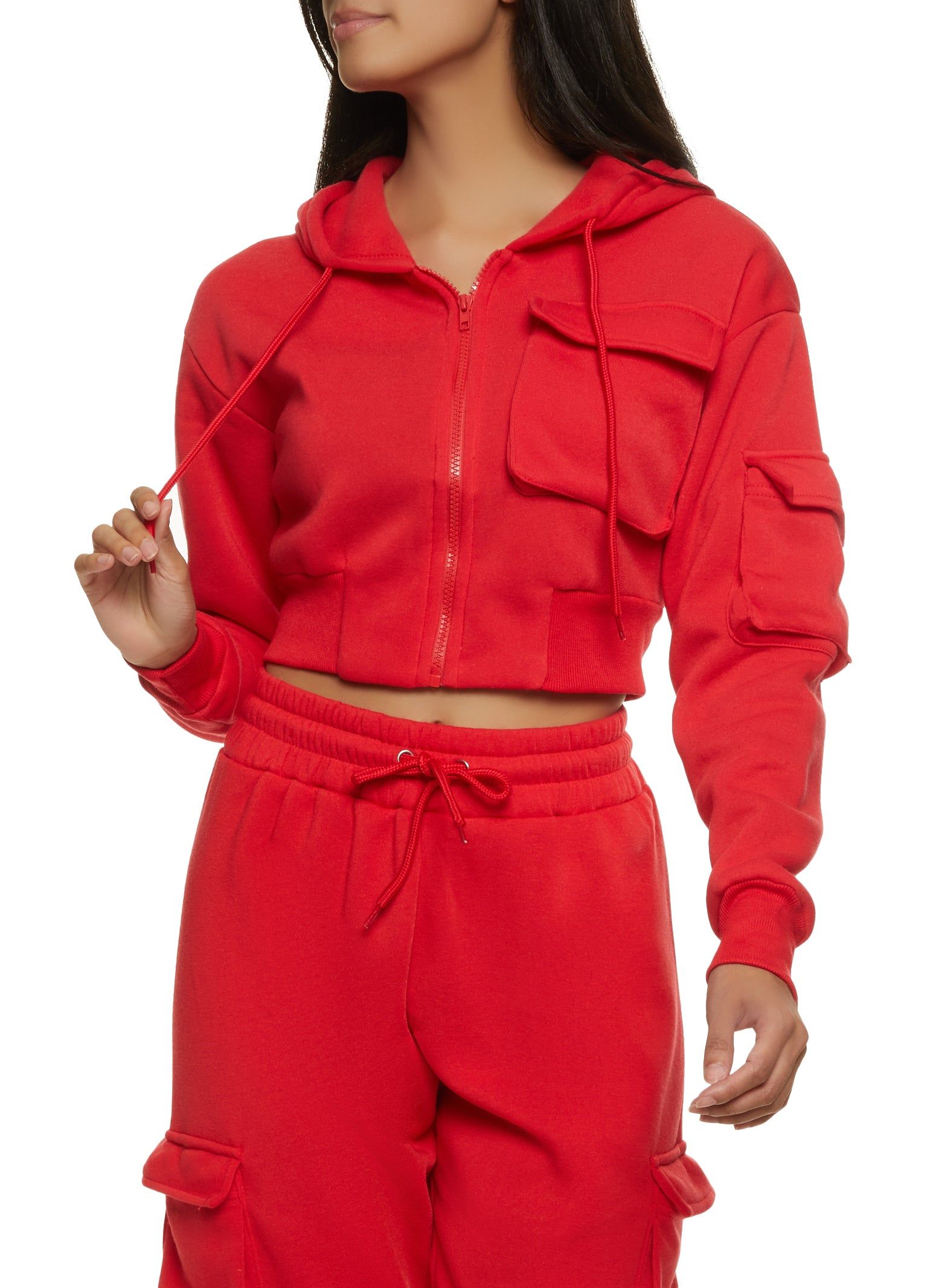 Solid Cargo Pocket Cropped Hoodie sold by Rainbow