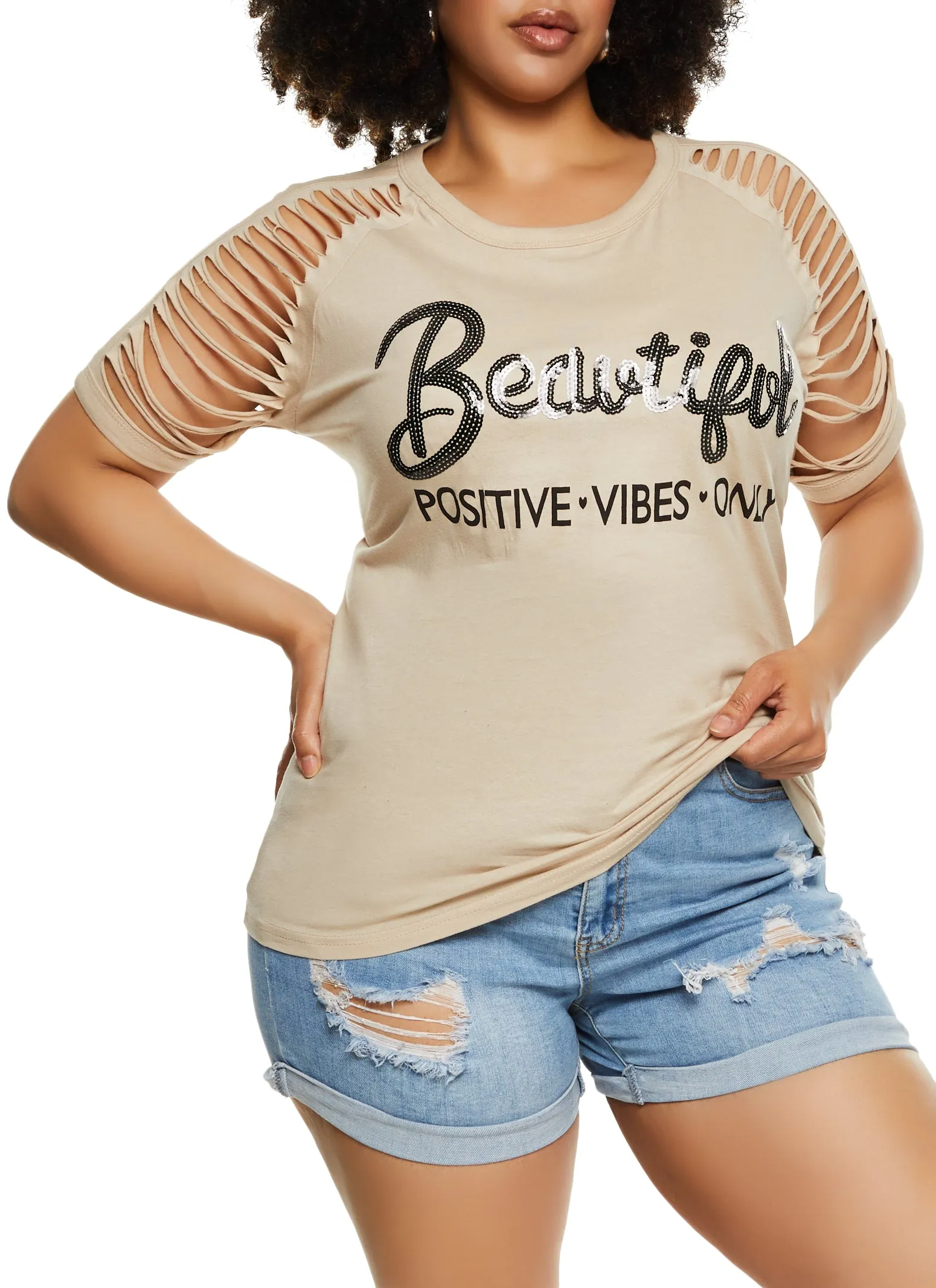 Plus Size Beautiful Positive Vibes Only Sequin Slashed Tee sold by Rainbow product image thumbnail 2