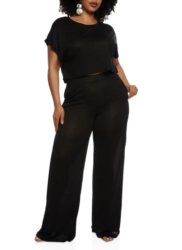 Plus Size Daisy Brushed Knit High Waist Wide Leg Pants sold by Rainbow