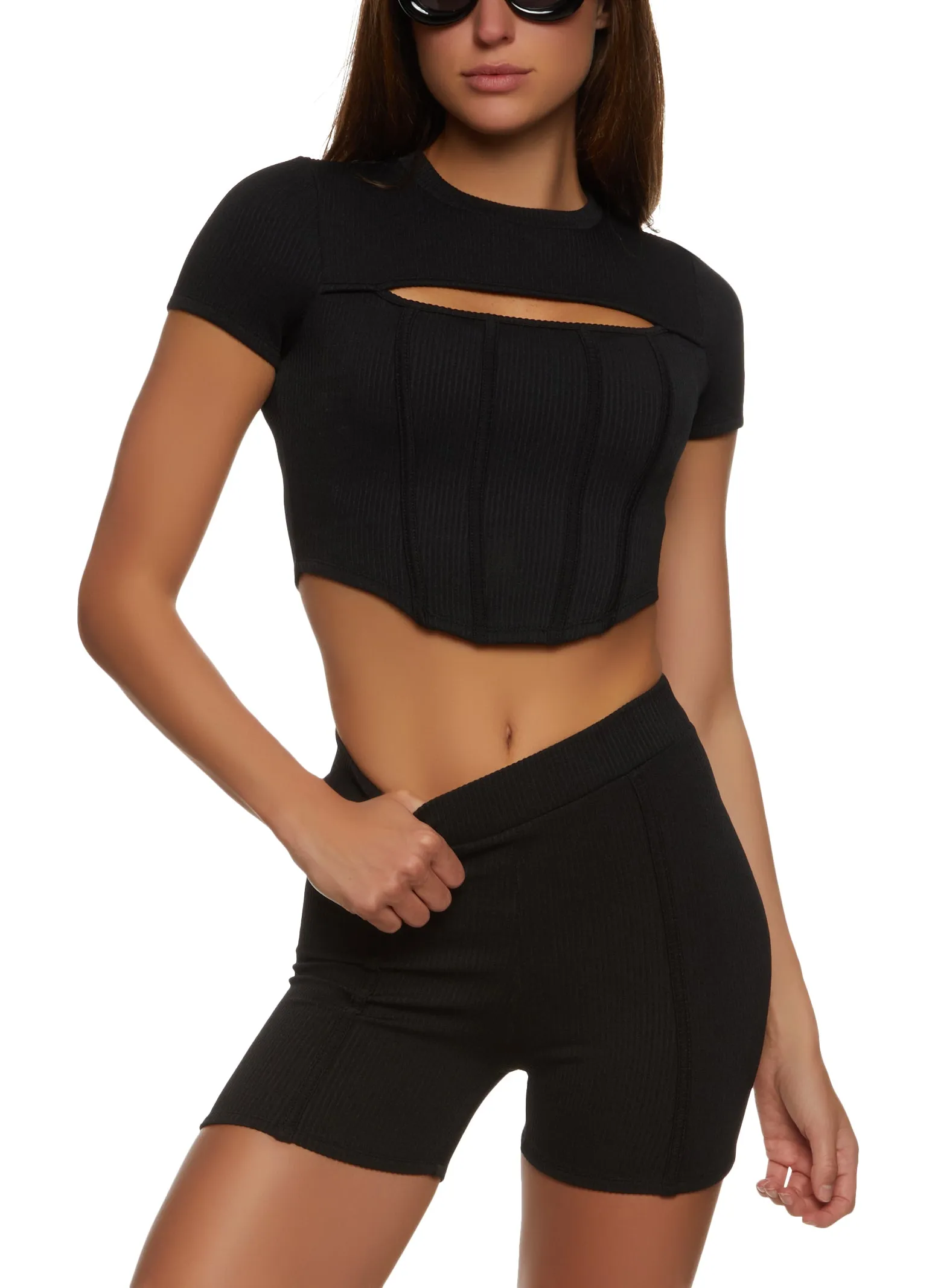 Ribbed Cut Out Detail Corset Crop Top sold by Rainbow