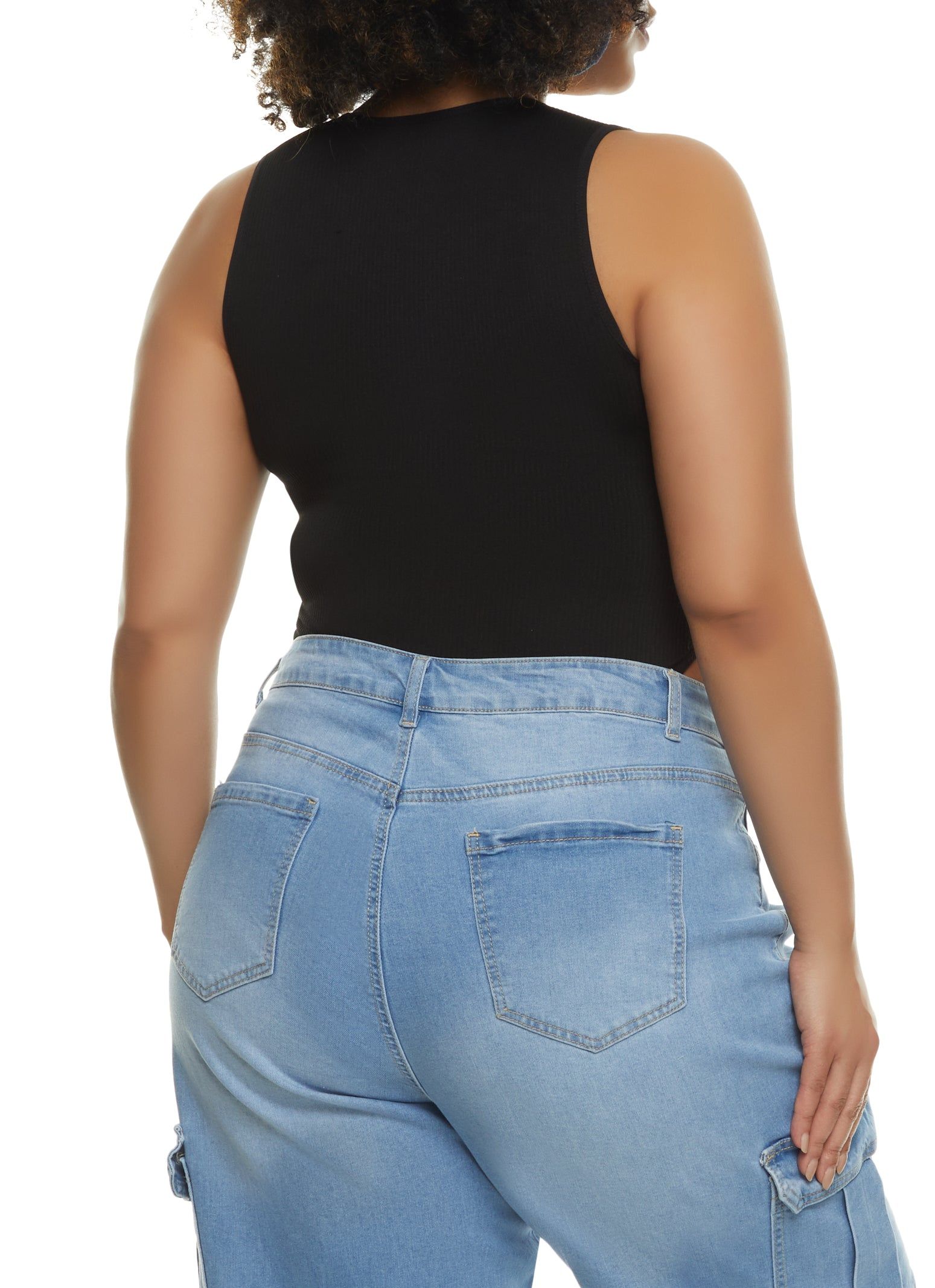 Plus Size Rib Knit High Cut Seamless V Neck Bodysuit sold by Rainbow product image thumbnail 3