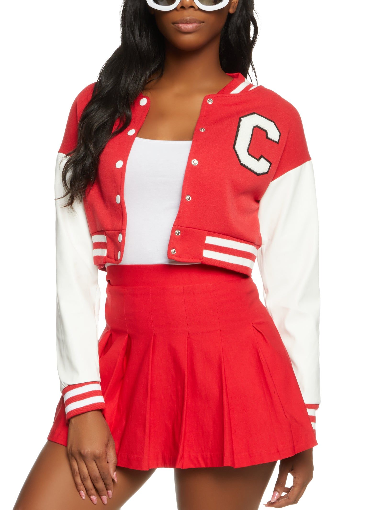 Chenille Graphic Patch PU Sleeve Cropped Varsity Jacket sold by Rainbow