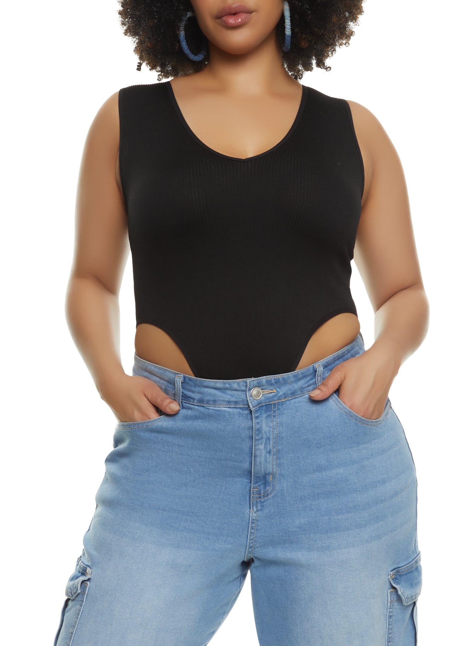 Plus Size Rib Knit High Cut Seamless V Neck Bodysuit sold by Rainbow product image thumbnail 2