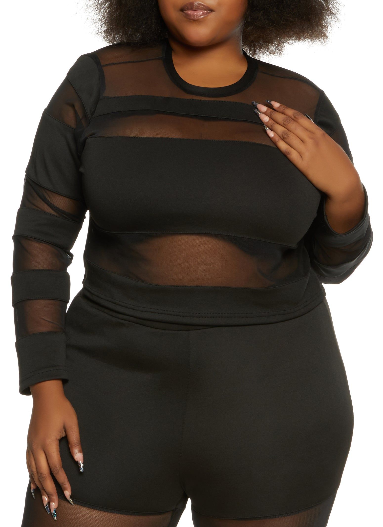 Plus Size Mesh Insert Long Sleeve Top sold by Rainbow