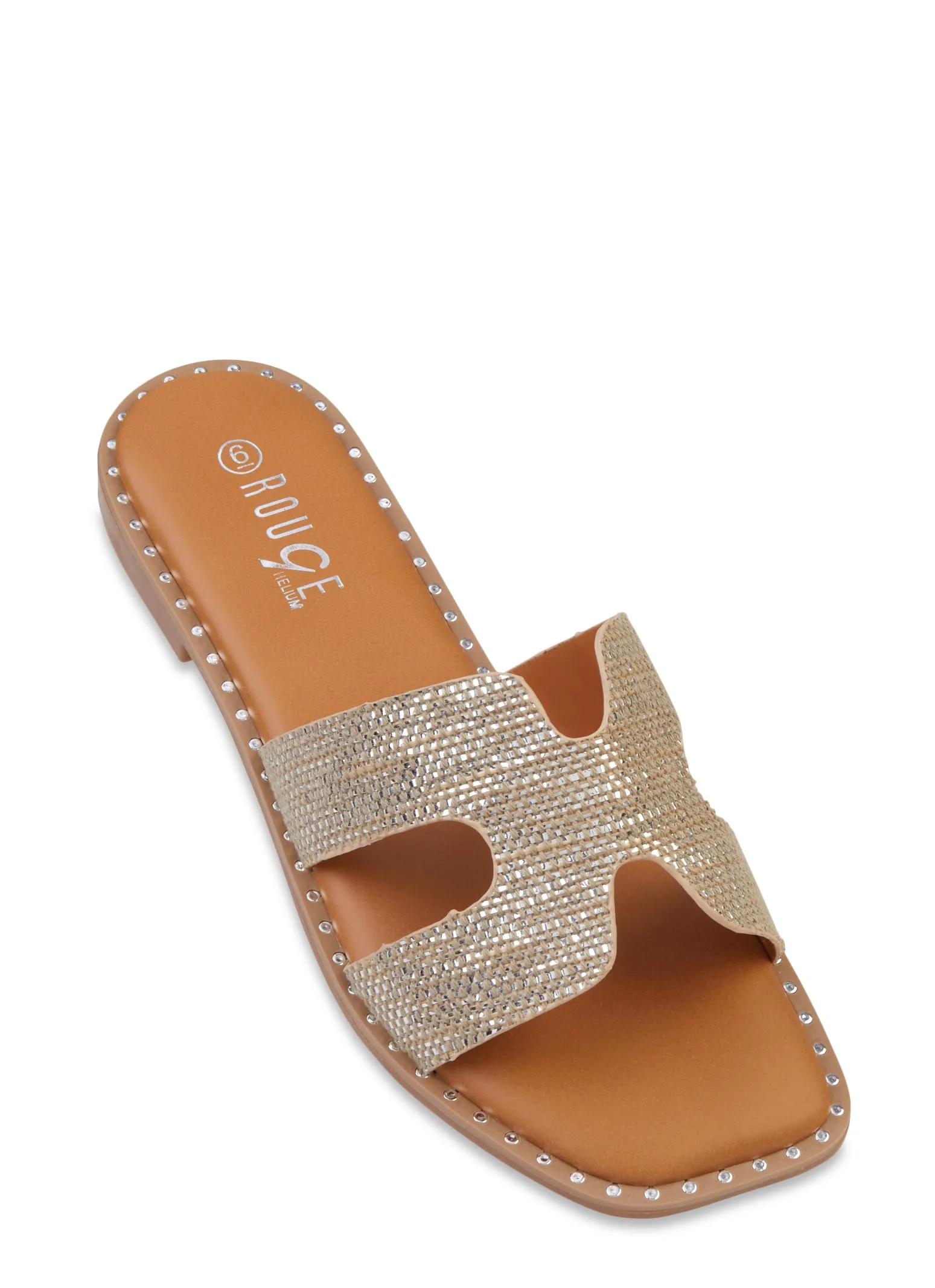 Studded Trim Straw Cut Out Band Slide Sandals sold by Rainbow