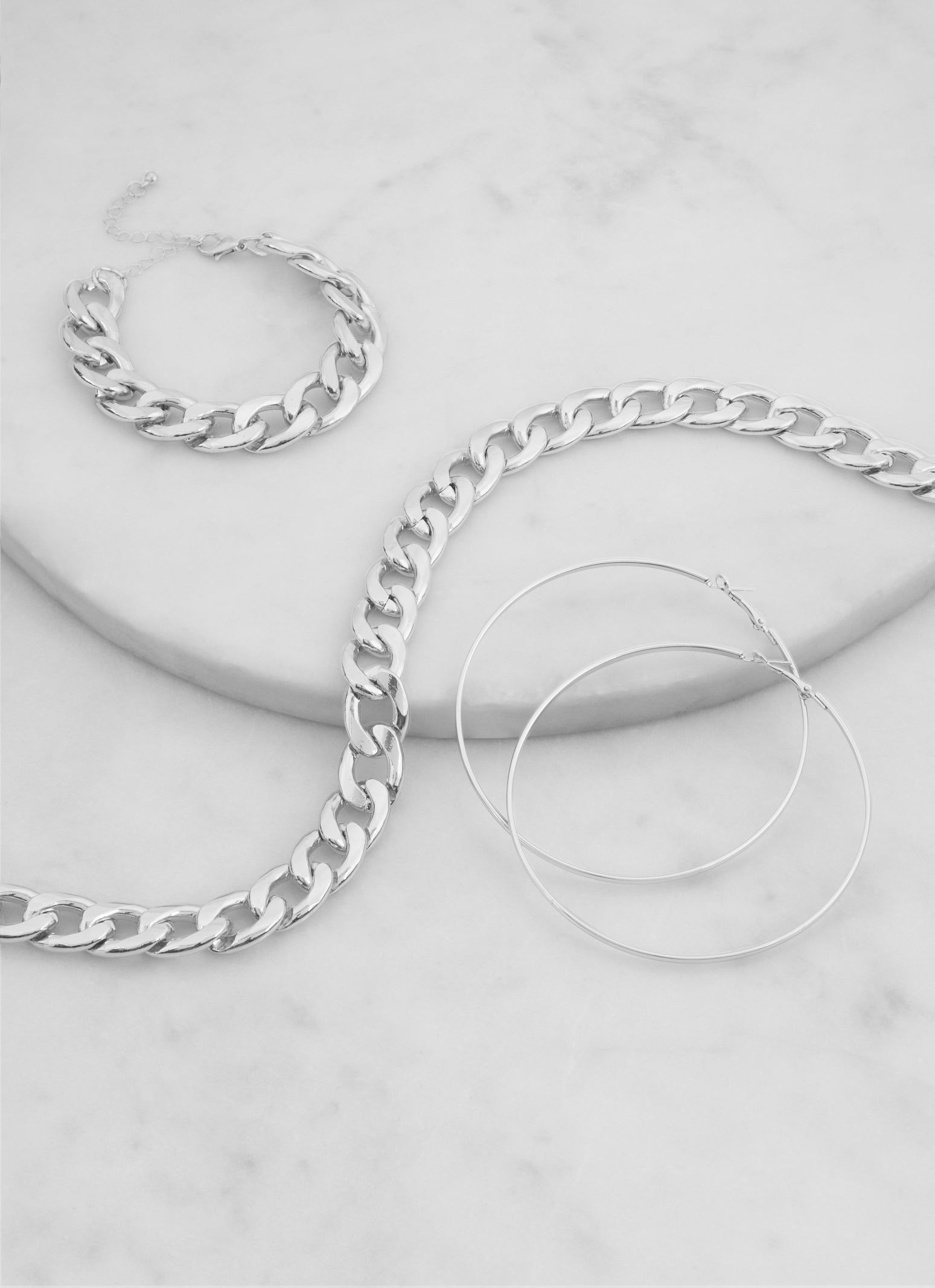 Metallic Curb Chain Necklace with Bracelet and Hoop Earrings sold by Rainbow