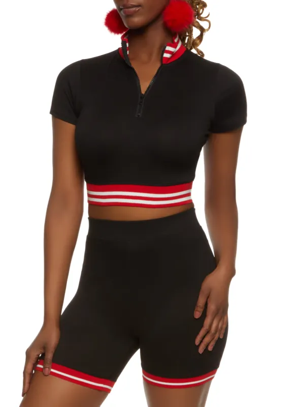 Striped Trim Half Zip Crop Top sold by Rainbow