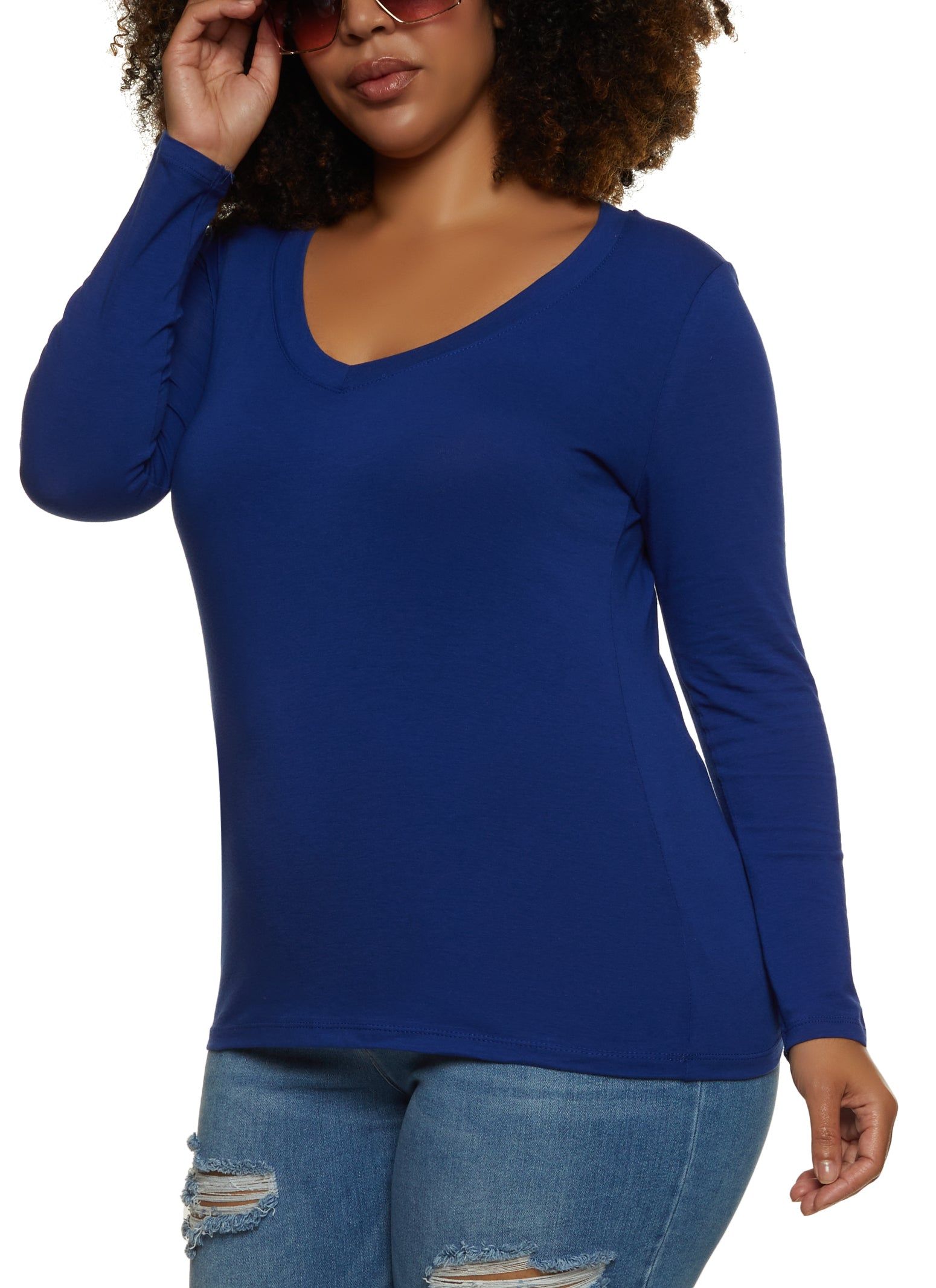 Plus Size Basic V Neck Long Sleeve Tee sold by Rainbow