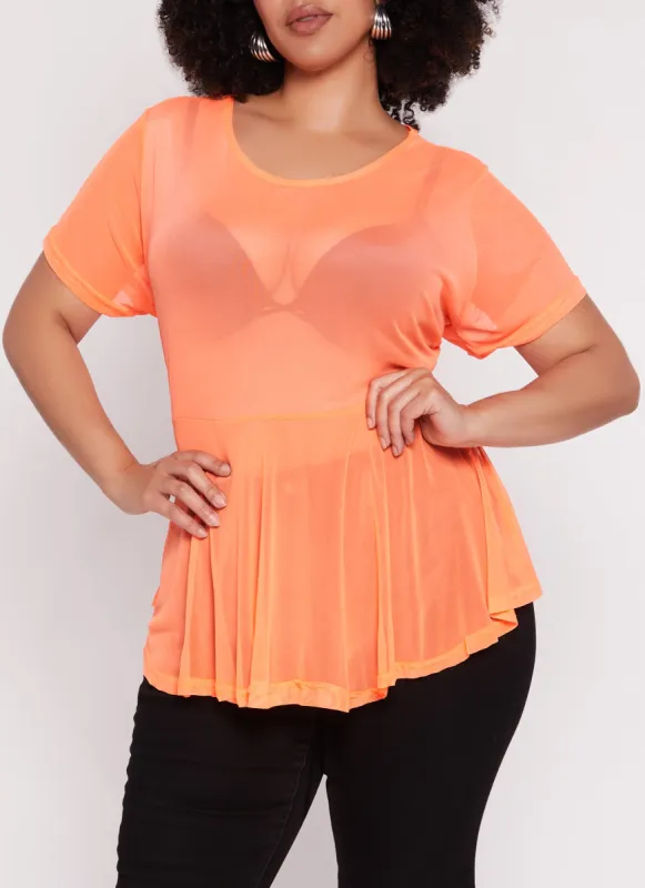 Plus Size Sheer Mesh Short Sleeve Peplum Top sold by Rainbow