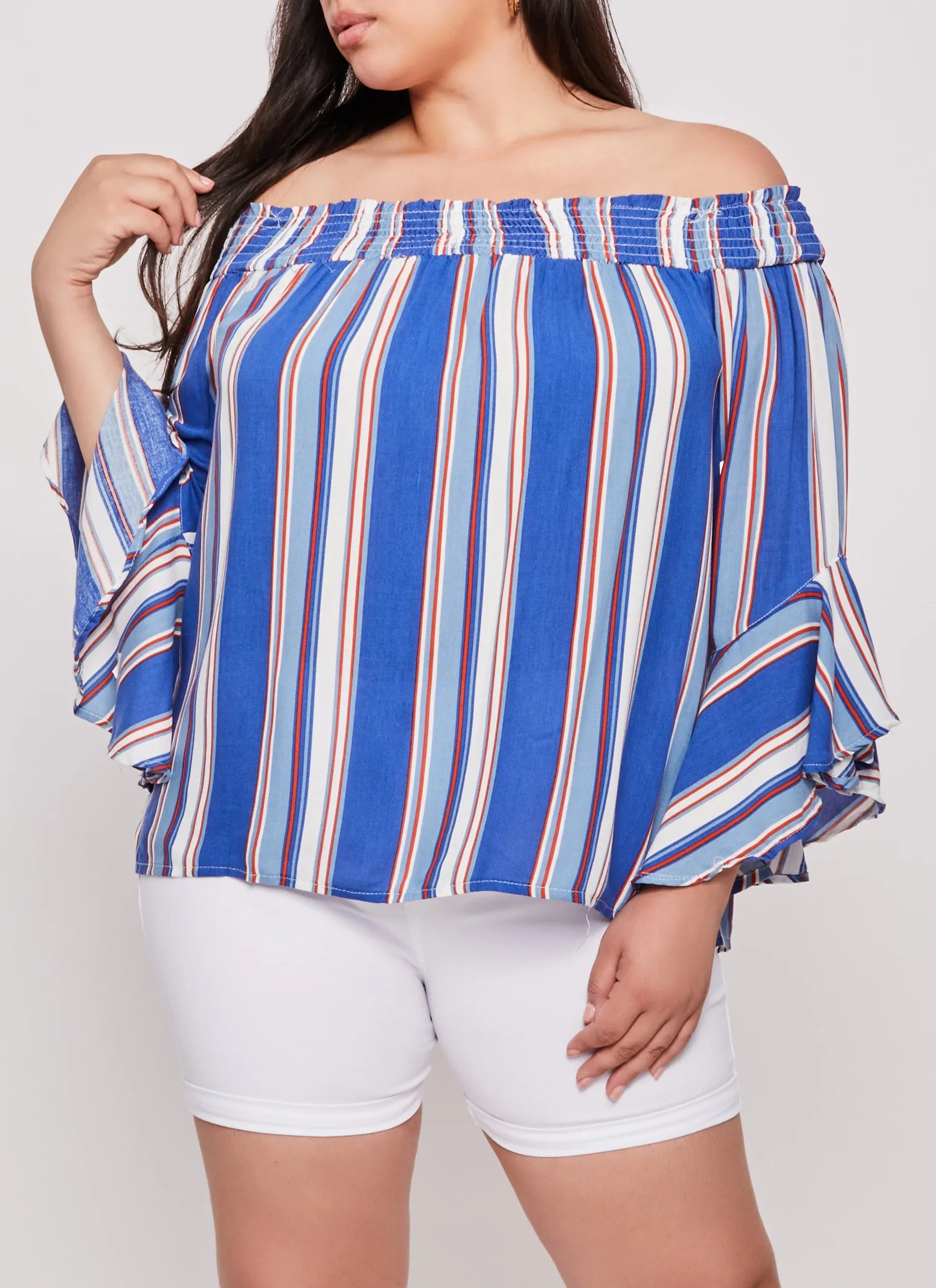 Plus Size Striped Bell Sleeve Off the Shoulder Top sold by Rainbow