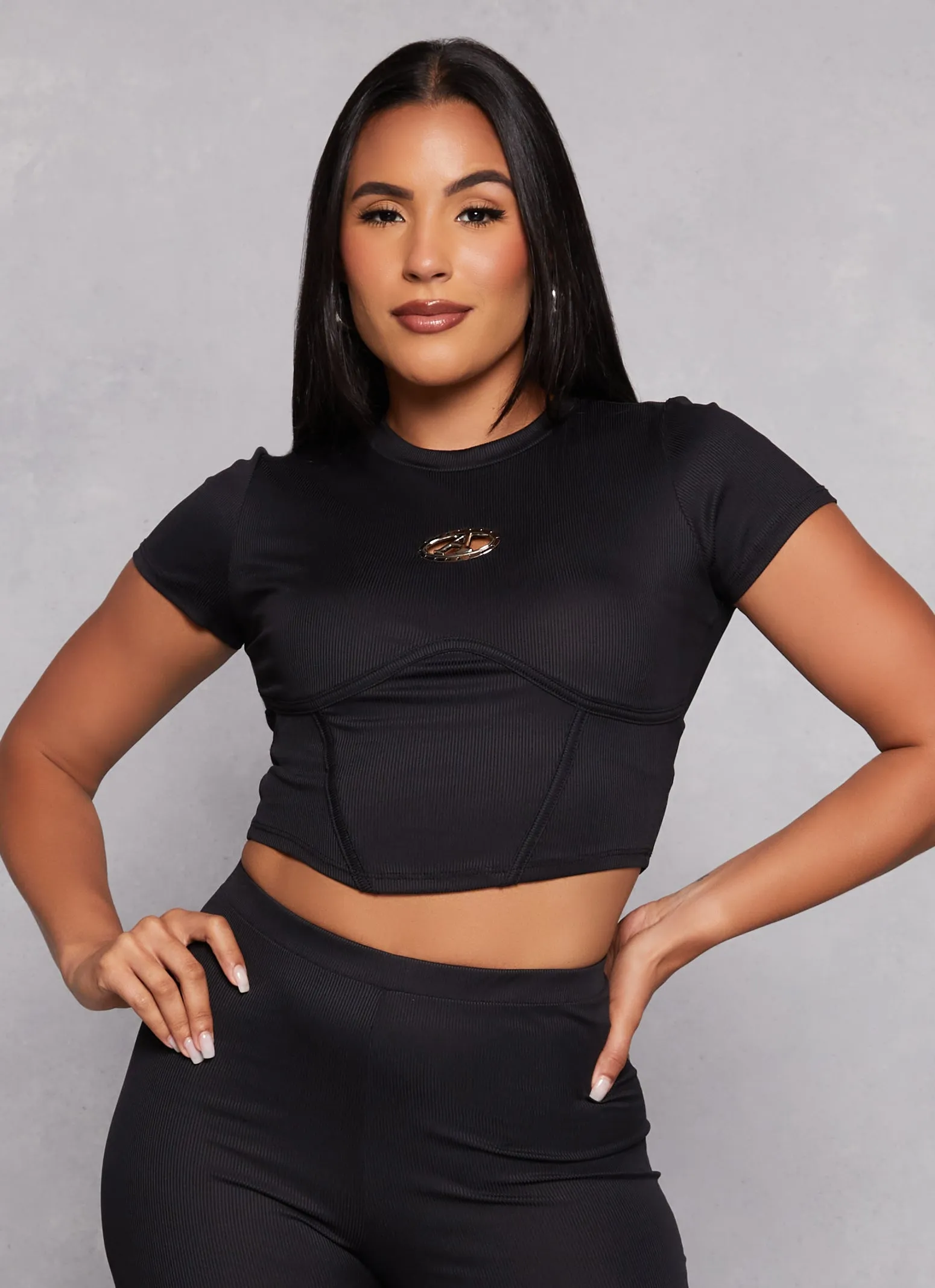 Ribbed Rhinestone Badge Detail Corset T Shirt sold by Rainbow