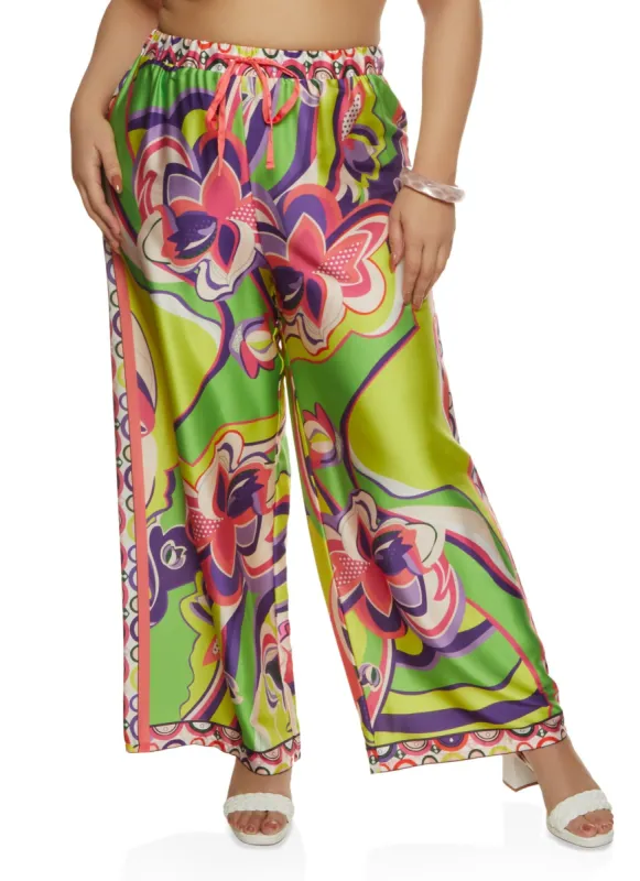 Plus Size Satin Floral Print Wide Leg Pants sold by Rainbow