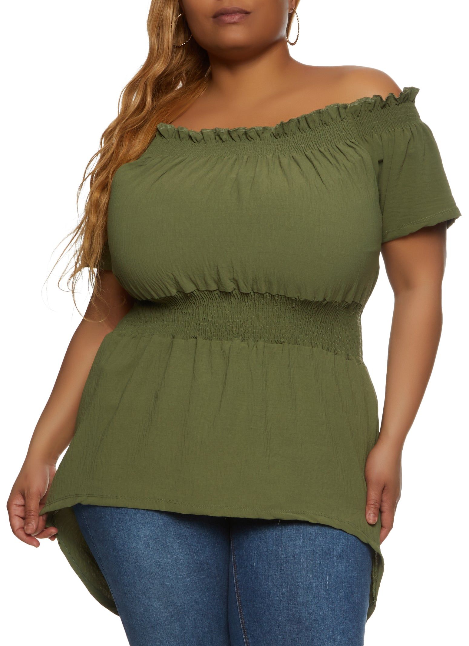 Plus Size Solid Smocked Off the Shoulder Blouse sold by Rainbow