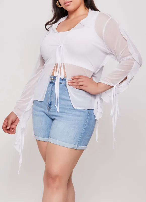Plus Size Tie Front Fringe Mesh Top sold by Rainbow