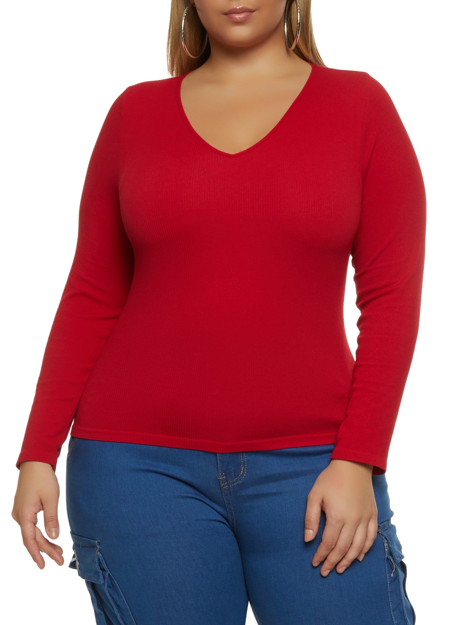 Plus Size Seamless Long Sleeve V Neck Tee sold by Rainbow