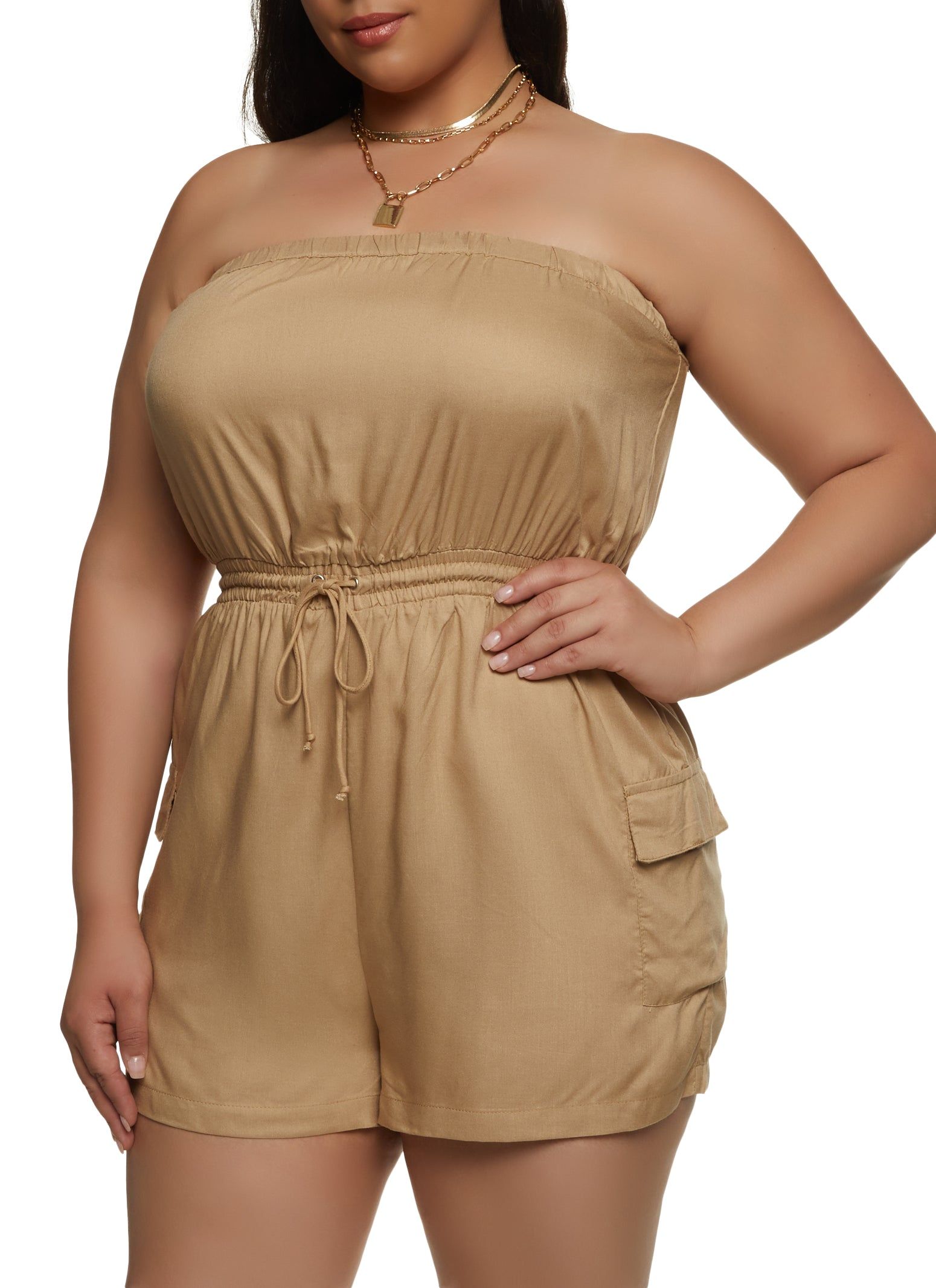 Plus Size Solid Strapless Cargo Pocket Romper sold by Rainbow