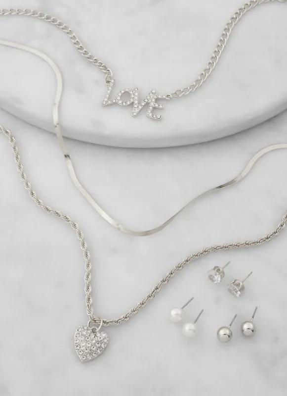Love Rhinestone Layered Chain Necklace and Stud Earrings Trio sold by Rainbow