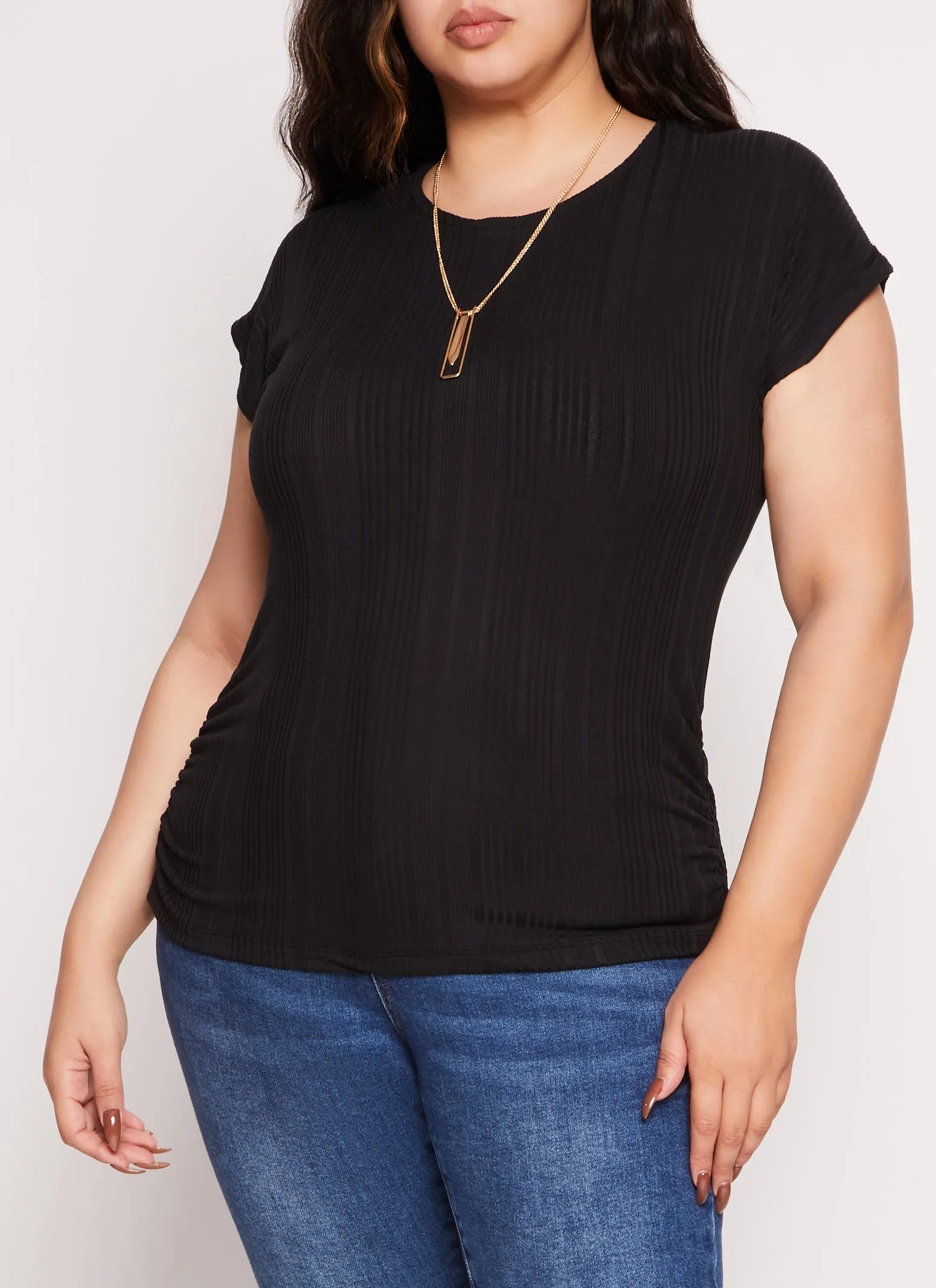 Plus Size Ribbed Short Sleeve Top with Necklace sold by Rainbow