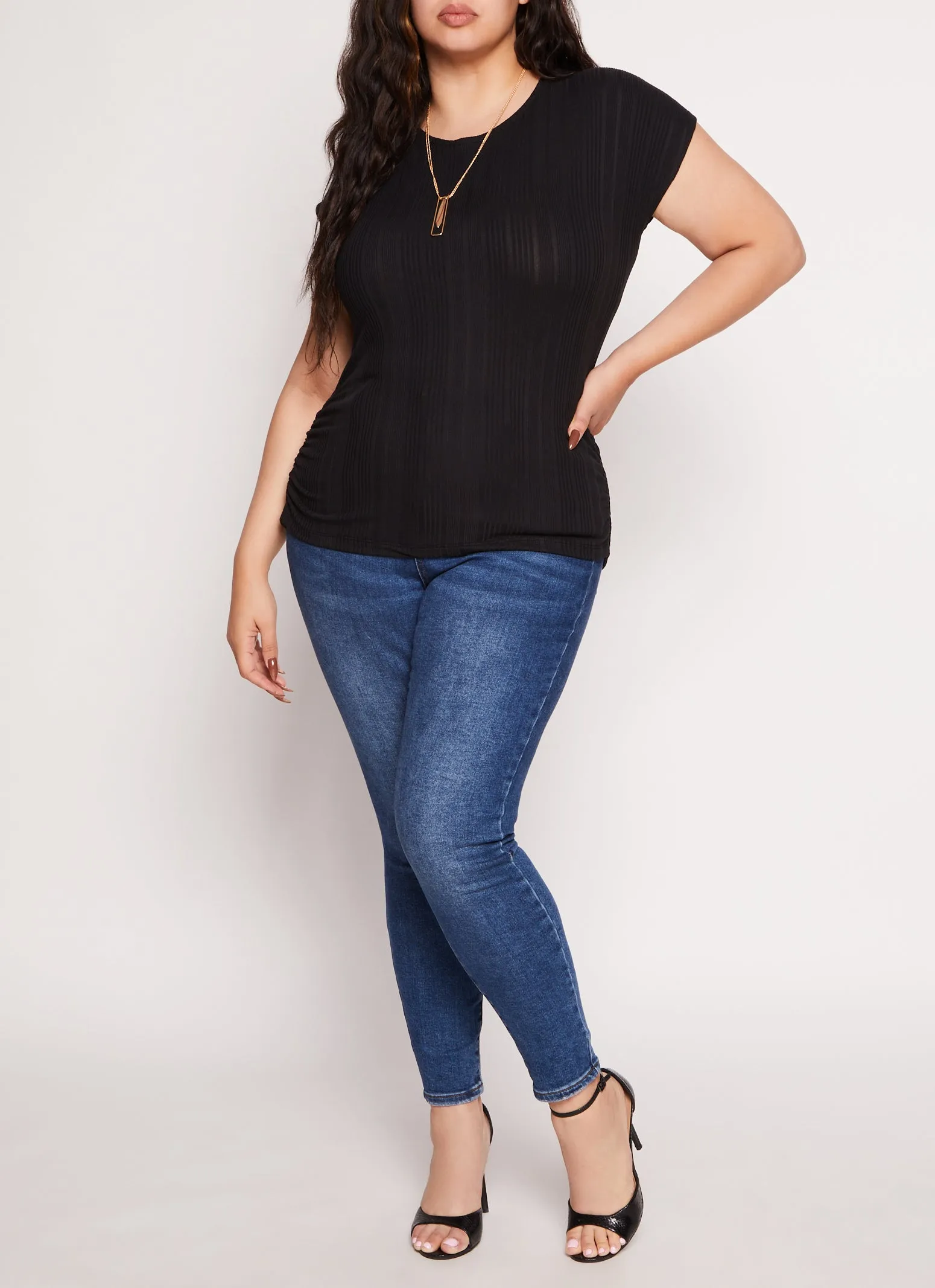 Plus Size Ribbed Short Sleeve Top with Necklace sold by Rainbow product image thumbnail 2
