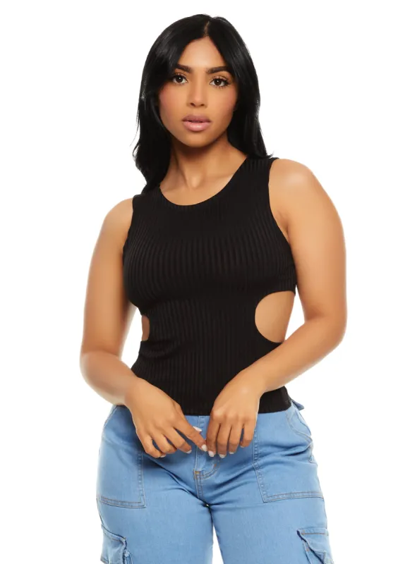 Ribbed Knit Cut Out Side Tank Top sold by Rainbow