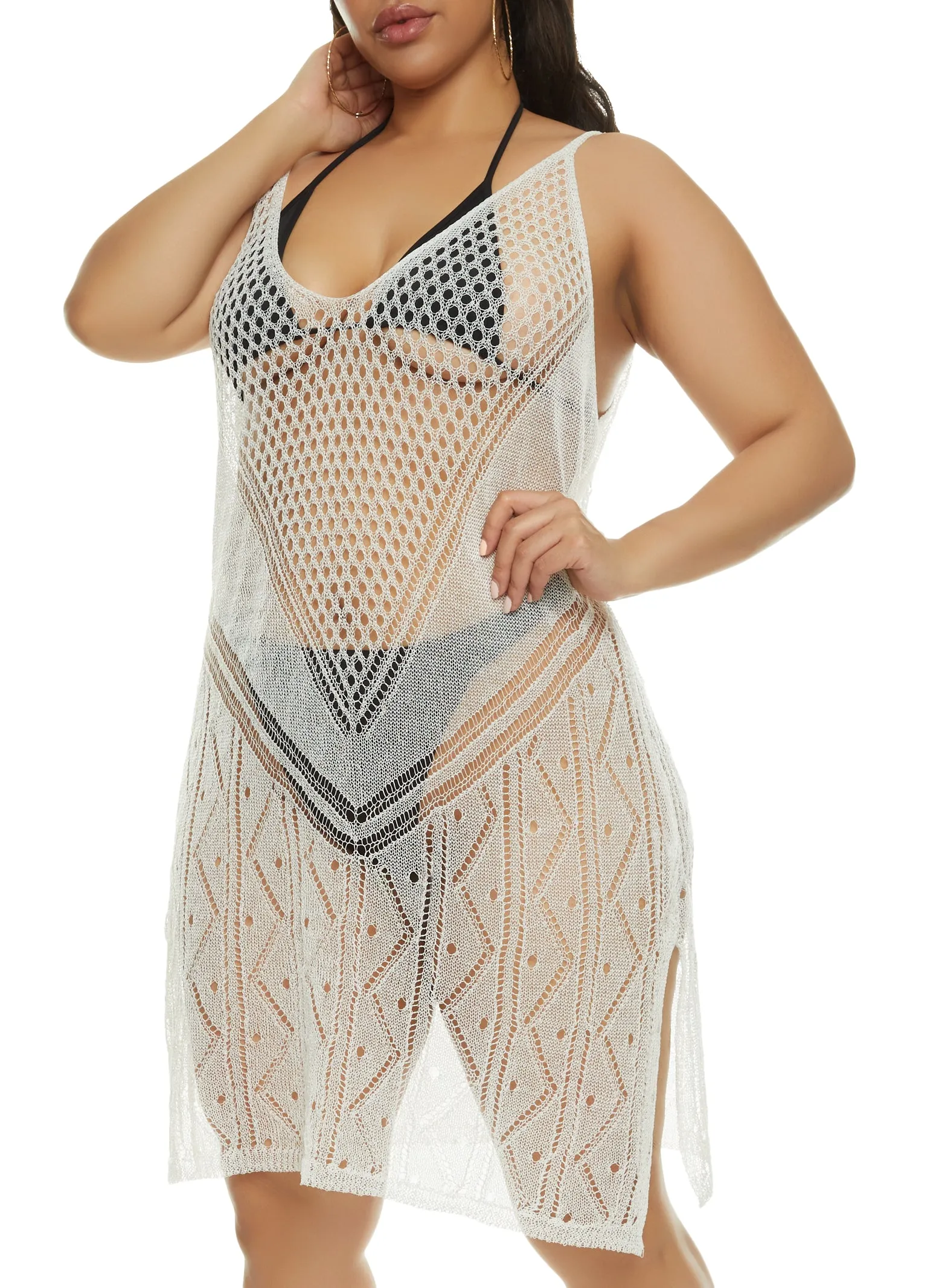 Plus Size Lurex Fishnet Detail Swim Cover Up Dress sold by Rainbow