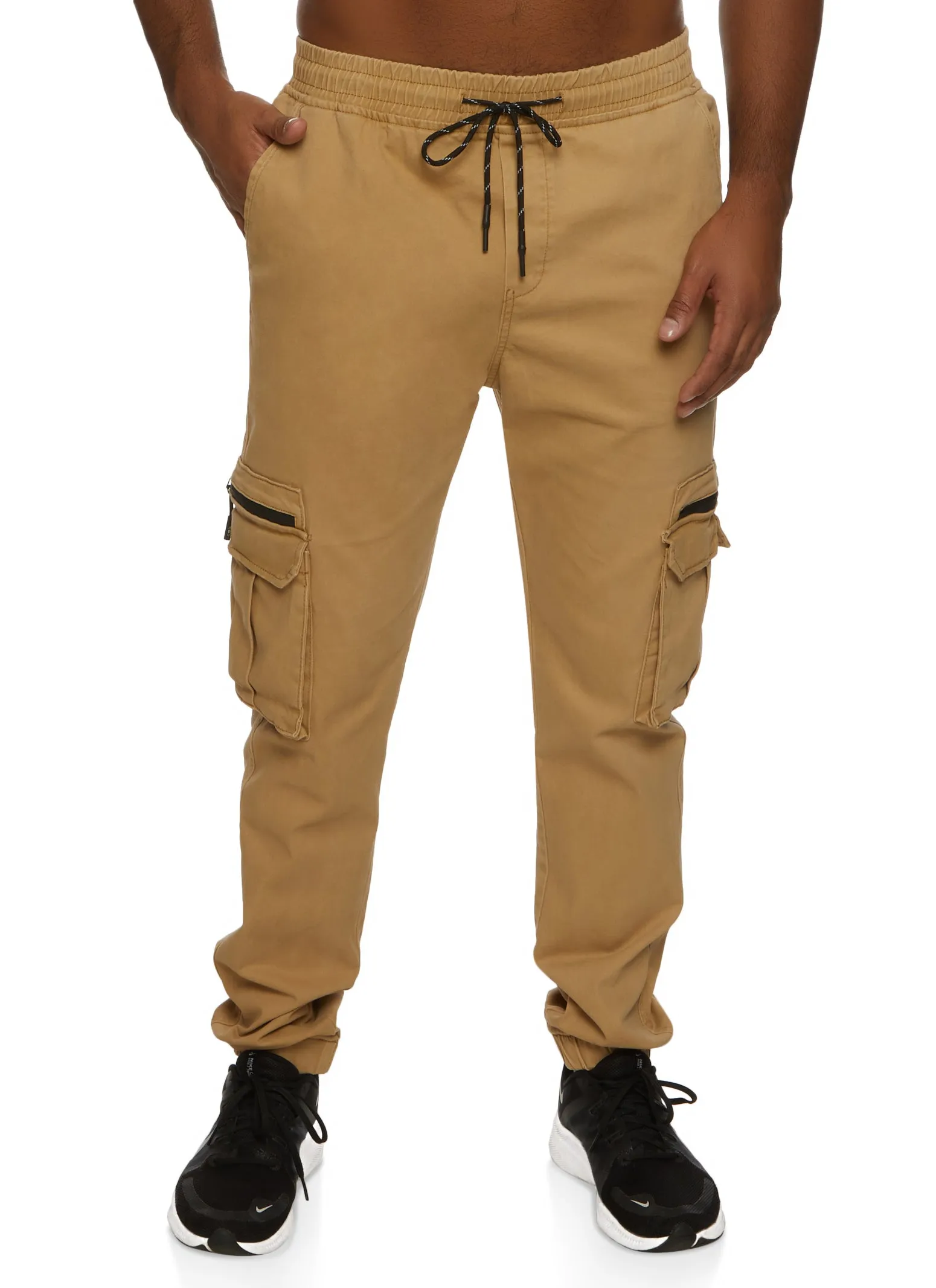 Mens Twill Solid Drawstring Cargo Pocket Joggers sold by Rainbow
