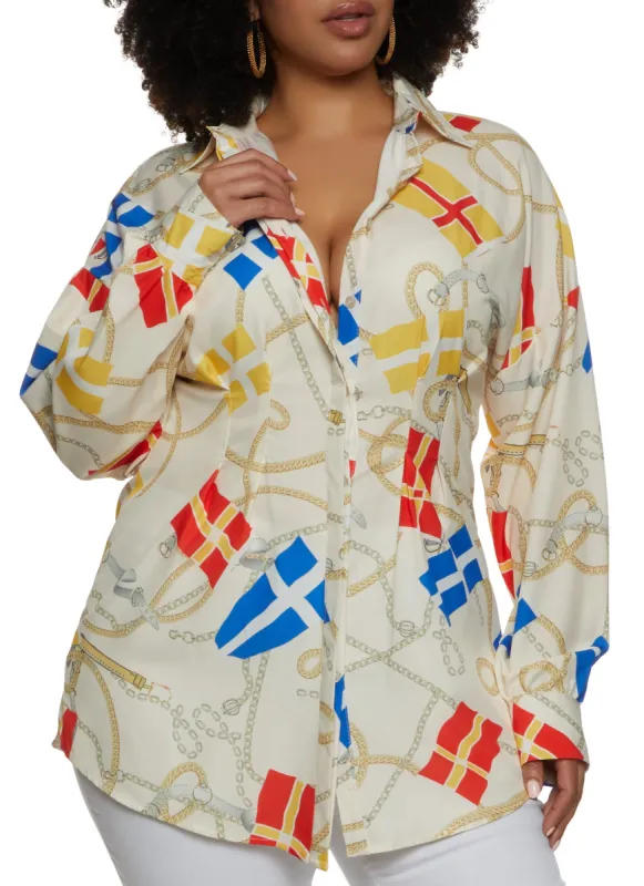 Plus Size Status Print Button Front Pleated Shirt sold by Rainbow